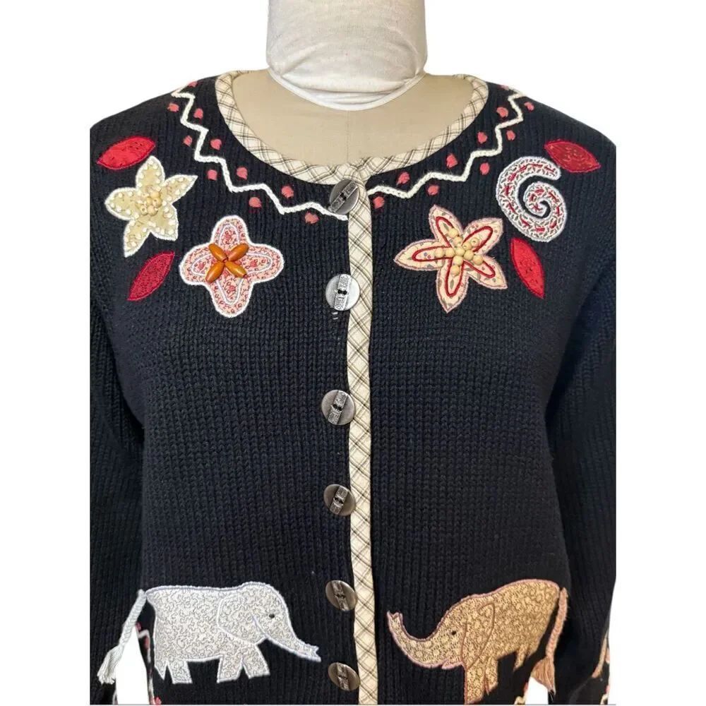 Orvis Cardigan Sz. L Appliqué Flowers & Elephants Vintage Chunky Ramie - Picture 3 of 12